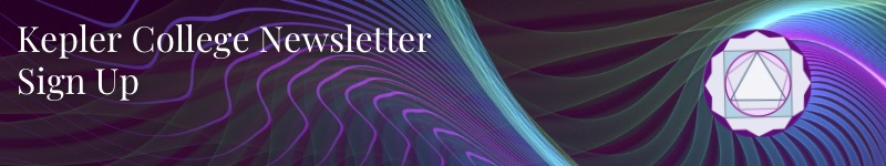 Kepler College Newsletter Sign Up, Kepler College logo on blue and purple wavy, glowing fractal pattern